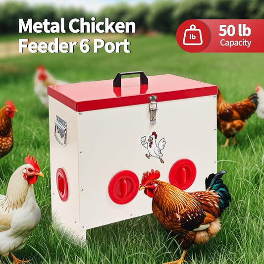 Enrienn Metal Chicken Feeder 30-50 LBS Capacity, Automatic Poultry Feeder with 6 Ports, No-Waste Weather-Resistant Animal-Proof Gravity Feeder Outdoor Feed Bin for Chickens Ducks Geese Turkeys