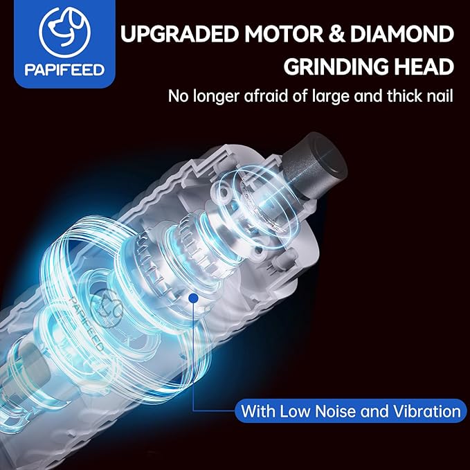 PAPIFEED Dog Nail Grinder Professional Pets, 3-Speed Electric Quiet Dog Nail Grinder, Rechargeable Dog Nail Trimmers - with 2 LED Lights/2 Grinder Wheels, for Small, Medium, (White)