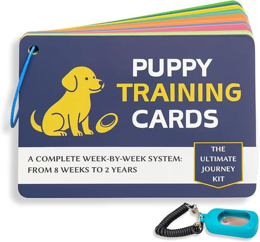 Puppy Training Cards - Complete Raising Dog Kit with Clicker - Replaces Dog Training Book & Journal - 50 Stage by Stage Guide Cards (8 Weeks to 2 Years)