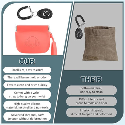 WALLFID Silicone Dog Treat Pouch Small Bag,Auto Closure,with Pet Training Clicker,Walking Bag for Dog and Cat,Pocket Size,Easy to Clean,Odorless(Claret)