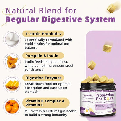 ZEBORA Probiotics for Dogs, Dog Probiotics for Digestive Health, with Pumpkin, Digestive Enzymes, Omega-3, Support Gut, Immune Health, Upset Stomach Relief, Occasional Diarrhea, 120 Freeze Dried Chews