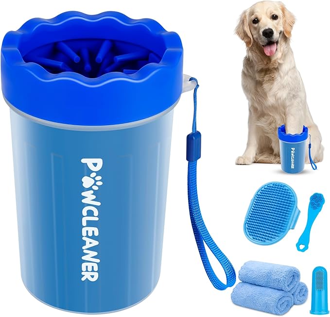 Professional 7 in 1 Dog Paw Cleaner for Dogs - Includes 1 Portable Paw Washer, 1 Bath Brush, 2 Dog Toothbrushes and 3 Absorbent Towels Note: Fits Paws 1.5 to 2.5 Inches Wide (Medium, Navy Blue)