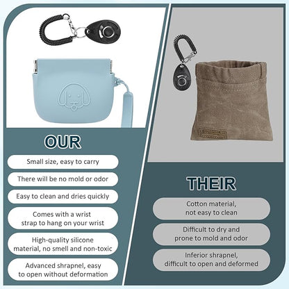 WALLFID Silicone Dog Treat Pouch Small Bag,Auto Closure,with Pet Training Clicker,Walking Bag for Dog and Cat,Pocket Size,Easy to Clean,Odorless (sky blue)