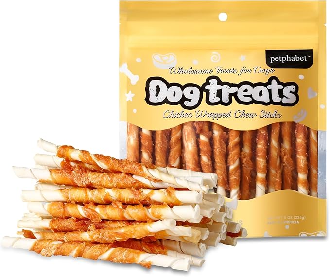 PETPHABET Chicken Wrapped Rawhide Dog Treats - Hide Twists Sticks for Chew, Natural Pet Snack for Small Puppy Traning and Dental Healthy, Chicken Flavor, 5 Inch, 30 Count