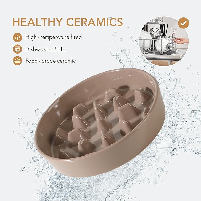 Ceramic 3.2 Cup Raised Slow Feeder Dog Bowl Set, Elevated 8.2inch Bowl and 9.5inch Slow Pet Food Dish with Wooden Stand for Large Dog (2 x Brown Coffee+ Stand)