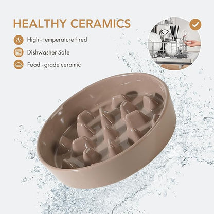 Ceramic 3.2 Cup Raised Slow Feeder Dog Bowl Set, Elevated 8.2inch Bowl and 9.5inch Slow Pet Food Dish with Wooden Stand for Large Dog (2 x Brown Coffee+ Stand)