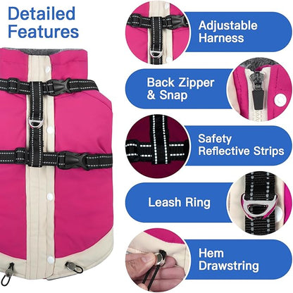 XL Winter Coat for Medium Dogs,Reflective Harness Built in | Turtleneck Dog Snowsuit with Sleeves for Snow Day Keep Warm,Outdoor Activities Water-Repellent & Windproof Jacket (Rosered)