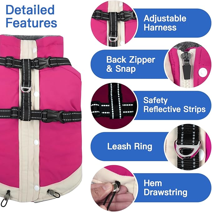XX-Large Dog Winter Coat with Harness 2 in 1-for Walk The Dog | Thick and Warm Lining for Cold Winter,Turtleneck Windproof Snowsuit with Sleeves,Night Reflective Harness(Rosered)