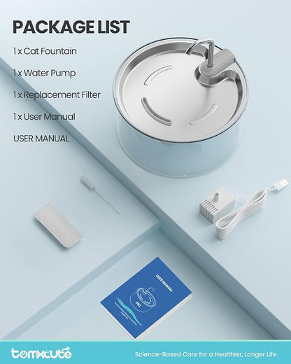 Tomxcute Glass Cat Water Fountain - 108oz/3.2L Ultra-Quiet Cat Fountain for Drinking, Elegant Easy to Clean Glass Pet Water Fountain for Cats, Small Dogs, Multiple Pets, Model Number P11G1