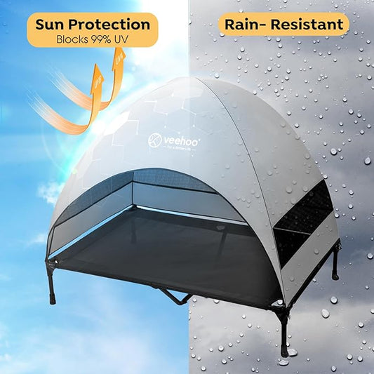 Veehoo Outdoor Dog Bed with Canopy, Cooling Elevated Pet Cot with Removable Shade, Non-Slip Feet, Raised Dog Cot for Large Dogs, Pet Tent Bed for Camping, Beach, XLarge, Black + Grey, CWC2411