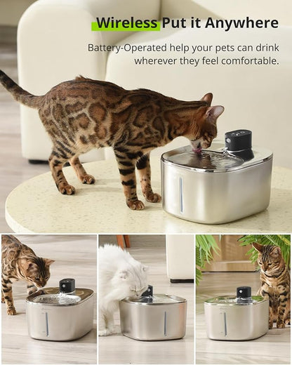 Wireless Cat Water Fountain Stainless Steel,135floz/4L Battery Operated Automatic Pet Fountain,Cordless Cat Water Dispenser Pet Water Fountain for Cats Dogs Pets Outdoor