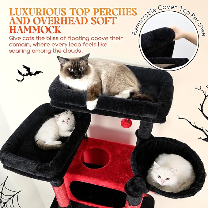 Globlazer XXL Giant Gothic Cat Tree, 83 Inch Heavy Duty Tall Goth Cat Tower for Indoor Cats Large Adult, Multi-Level Large Cat Condo with 8 Scratching Posts, Hammock, 2 Platform, F83B, Black Red