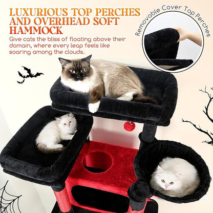 Globlazer XXL Giant Gothic Cat Tree, 83 Inch Heavy Duty Tall Goth Cat Tower for Indoor Cats Large Adult, Multi-Level Large Cat Condo with 8 Scratching Posts, Hammock, 2 Platform, F83B, Black Red