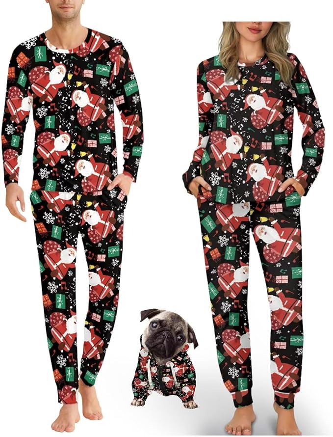 Christmas Family Pajamas Matching Sets with Pockets Dog Costumes for Small Dogs Long Sleeve Sleepwear Plus Size