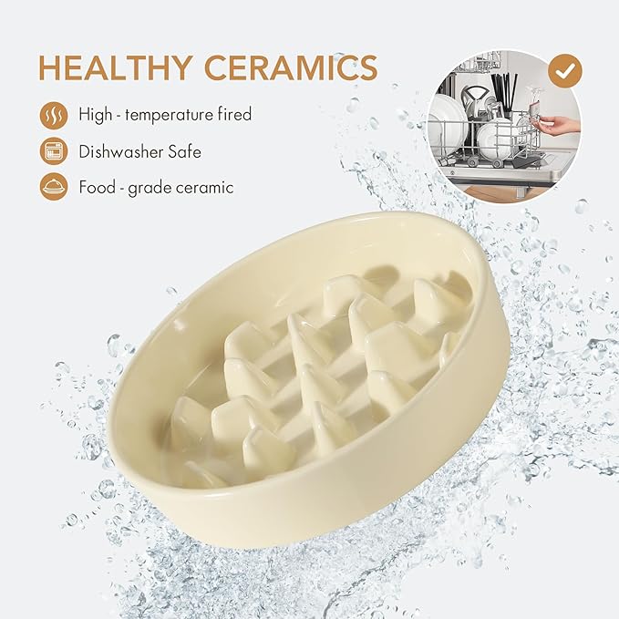 Ceramic 3.2 Cup Dog Bowl Slow Feeder, 9.5 inch Slow Pet Food Dish for Large Dog, Stop Bloat, Preventing Choking(Single Bowl, Beige)