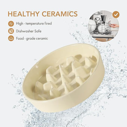 Ceramic 3.2 Cup Dog Bowl Slow Feeder, 9.5 inch Slow Pet Food Dish for Large Dog, Stop Bloat, Preventing Choking(Single Bowl, Beige)