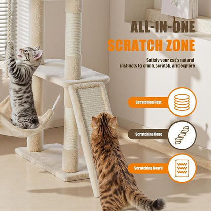 Large Cat Tree 63 Inch, Multi-Level Tall Cat Tree Tower with Condo, Perch, Sisal Scratching Posts Board and Hammock, Pet Play House with Dangling Balls for Indoor Cats, Beige