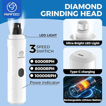 PAPIFEED Pet Nail Grinder for Dogs,3-Speed Rechargeable Dog Nail Trimmers and Professional Clippers,Paws Grooming Kit for Small Medium Large Dogs Cats - White