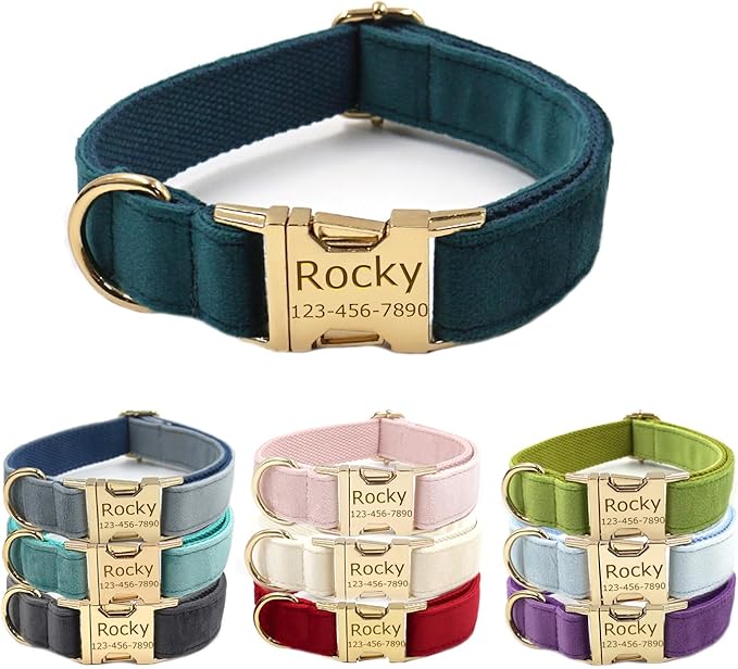 Personalized Velvet Dog Collars with Pet Name Phone Number Engraved, Custom Adjustable Soft Collar with Metal Buckle for Small Medium Large Dogs, Dog Leash and Bow Tie Available -Gem Green