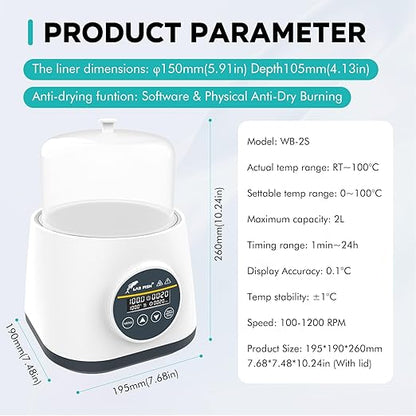 LAB FISH 2L Lab Water Bath(WB-2S), 100℃ Precision Heating, Stainless Steel Tank with Timer & Dual Anti-Dry BurnProtection
