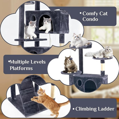 Sweetcrispy 70 Inch Cat Tree Tower, Multi-Level with Cat Scratching Post, Indoor Cat Condo with Climbing Ladder, Plush Toy, Play House for Cat, Dark Grey