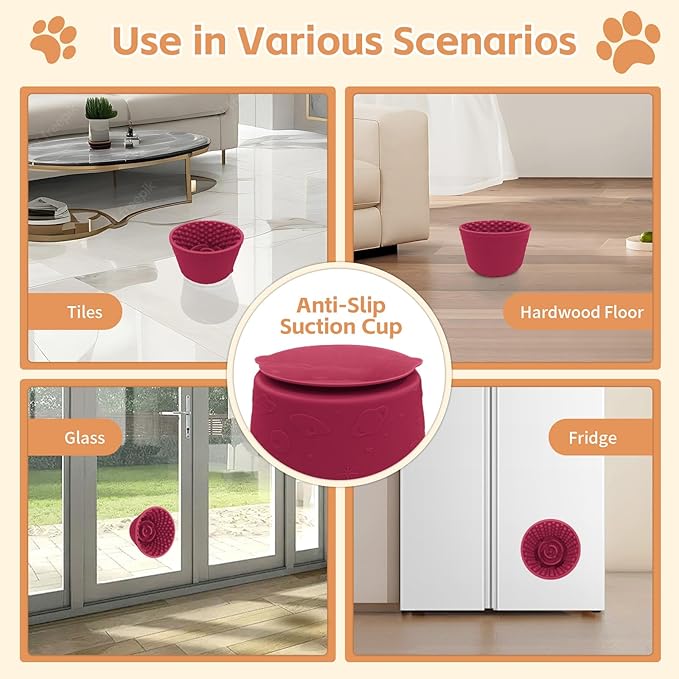 Dog Lick Bowl with Brush and Scraper, Anxiety Relief Silicone Slow Feeder Treat Dispenser, Anti-chocking Pet Dish, Non-Slip Interactive Entertainment Dog Puzzle Toy for Medium & Large-Dark Red