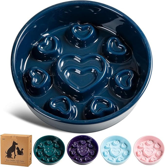 Ceramic Slow Feeder Dog Bowl, 4-Cup Anti-Slip Puzzle Feeder for Medium/Large Dogs, Indoor/Outdoor Pet Bowl for Fast Eaters - Light Blue（Love）
