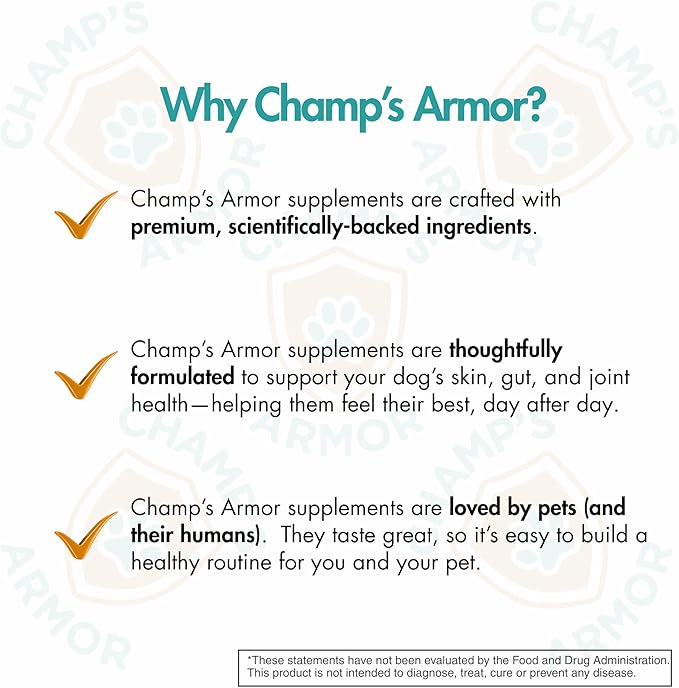 Champ's Armor Allergy & Immune Soft Chews for Dogs. Daily Support for Itchy Skin, Immune Health, Seasonal Allergies. W/Colostrum, Salmon Oil, Probiotics, Quercetin, Turmeric. 120 ct.
