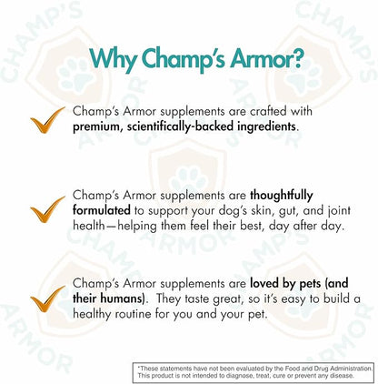Champ's Armor Allergy & Immune Soft Chews for Dogs. Daily Support for Itchy Skin, Immune Health, Seasonal Allergies. W/Colostrum, Salmon Oil, Probiotics, Quercetin, Turmeric. 120 ct.