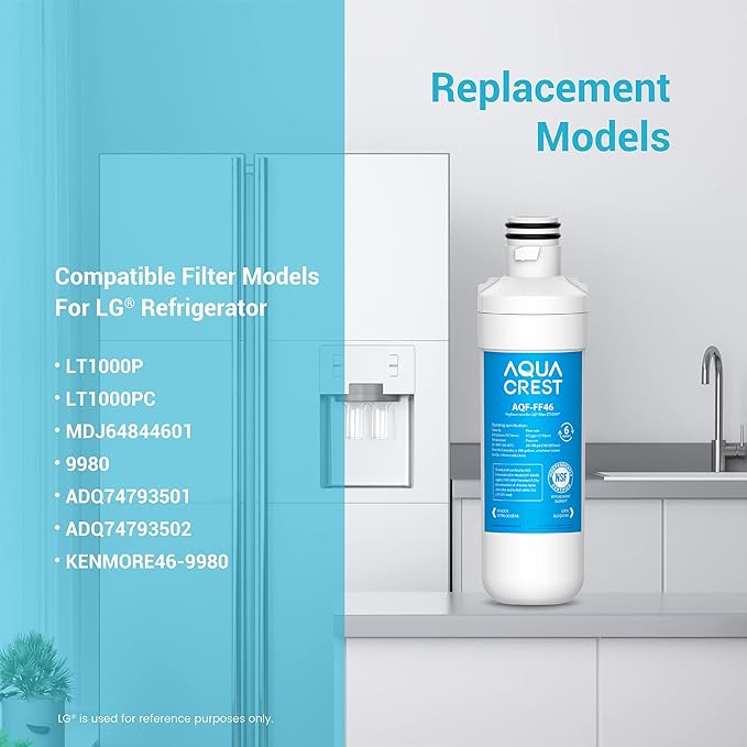 AQUA CREST LT1000PC ADQ747935 Replacement for LG® LT1000P®/PC/PCS ThinQ® Refrigerator Water Filter, LMXS28626S, LFXS26973S, MDJ64844601, ADQ74793501, ADQ74793502 and LT120F® Air Filter, 3 Combo