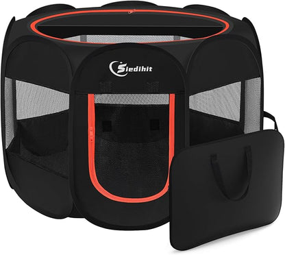 Dog Playpen, Puppy Pet Playpens Indoor for Medium Dogs Tent Crates Cage Indoor/Outdoor, Portable Pop Up Dog Kennel Playpen with Carrying Case for Dogs/Cats/Rabbits, Black