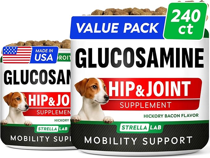 Glucosamine Treats for Dogs - Joint Supplement w/Omega-3 Fish Oil - Chondroitin, MSM - Advanced Mobility Chews - Joint Pain Relief - Hip & Joint Care - Hickory Bacon Flavor - 240 Ct - Made in USA