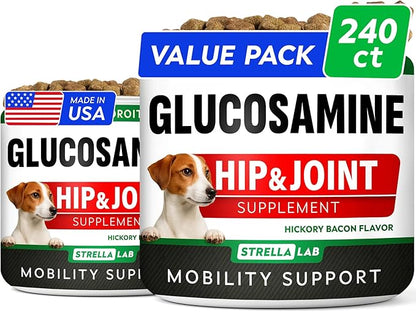 Glucosamine Treats for Dogs - Joint Supplement w/Omega-3 Fish Oil - Chondroitin, MSM - Advanced Mobility Chews - Joint Pain Relief - Hip & Joint Care - Hickory Bacon Flavor - 240 Ct - Made in USA