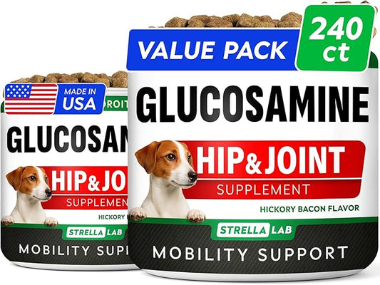 Glucosamine Treats for Dogs - Joint Supplement w/Omega-3 Fish Oil - Chondroitin, MSM - Advanced Mobility Chews - Joint Pain Relief - Hip & Joint Care - Hickory Bacon Flavor - 240 Ct - Made in USA