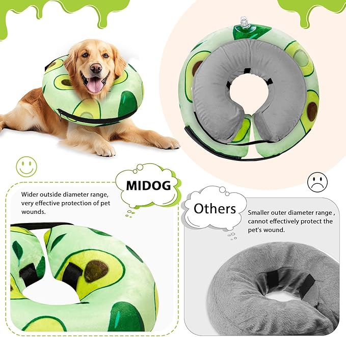 MIDOG Inflatable Dog Cone Alternative for After Surgery - Soft Protective Donut Collar Prevents Licking, Comfortable Recovery E-Collar Alternative for Small Medium Large Dogs (Avocado,S)