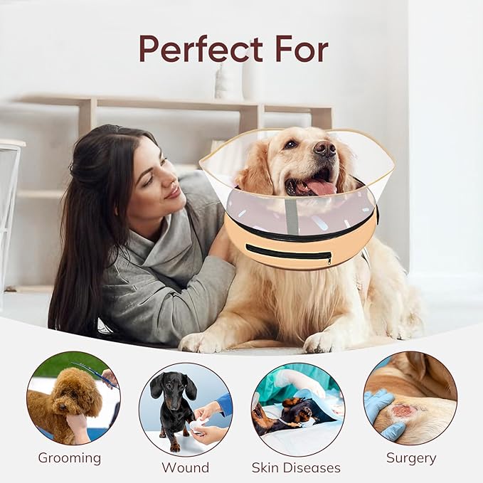 Raised Inflatable Dog Cone After Surgery - Adjustable Recovery Donut Collar with Neck Strap and Removable Anti-Licking Shield - Soft Dog Cone Alternative for Small Medium Large Dogs (DonutBrown,XXL)