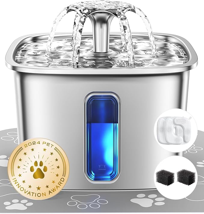 Veken Innovation Award Winner Stainless Steel Cat Water Fountain, 108oz/3.2L Automatic Pet Fountain Dog Water Dispenser with Replacement Filters & Silicone Mat for Cats, Dogs, Multiple Pets (Silver)