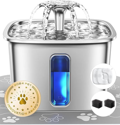 Veken Innovation Award Winner Stainless Steel Cat Water Fountain, 108oz/3.2L Automatic Pet Fountain Dog Water Dispenser with Replacement Filters & Silicone Mat for Cats, Dogs, Multiple Pets (Silver)