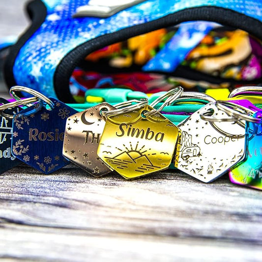 Personalized Dog Tag with 5 Lines of Custom Deep Engraved Durable Stainless Steel Pet ID Name Tag Designer Regular Size Hexagon