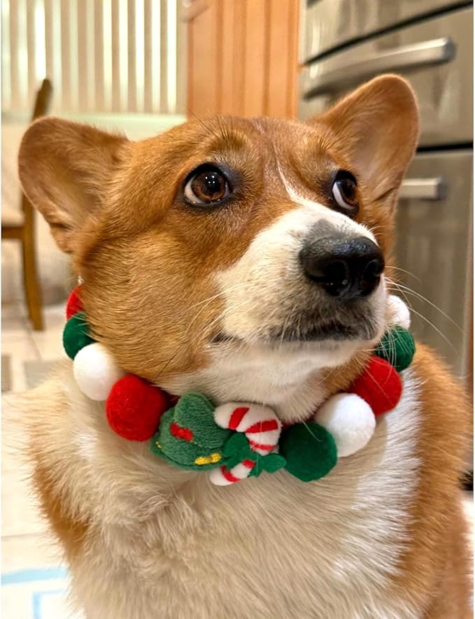 Elegant little tail Dog Christmas Costume 1PC Red Christmas Collar Soft Funny Pet Collars Headgear Adjustable Pom-Pom Headdress Cute Collar for Large Dog Pet Party Accessories Costume