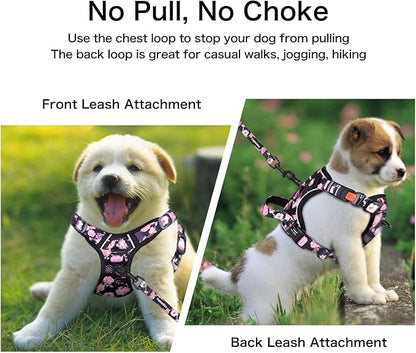 Petmolico Large Dog Harness Set, Reflective Vest Harness, 2 Leash Attachments, Rope Leash, Poop Bag Holder, Black with Pink Rose