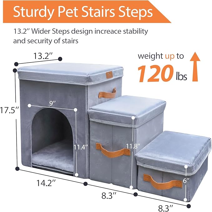 24" H Dog Stairs for High Beds Up to 32" H - Pet Steps for Small Medium or Large Dogs, Foldable Cat Stairs with Storage & Condo, 3-Step Pet Stairs for Couch & Window Sill, Hold Up to 150Lbs
