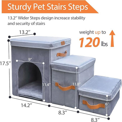 24" H Dog Stairs for High Beds Up to 32" H - Pet Steps for Small Medium or Large Dogs, Foldable Cat Stairs with Storage & Condo, 3-Step Pet Stairs for Couch & Window Sill, Hold Up to 150Lbs