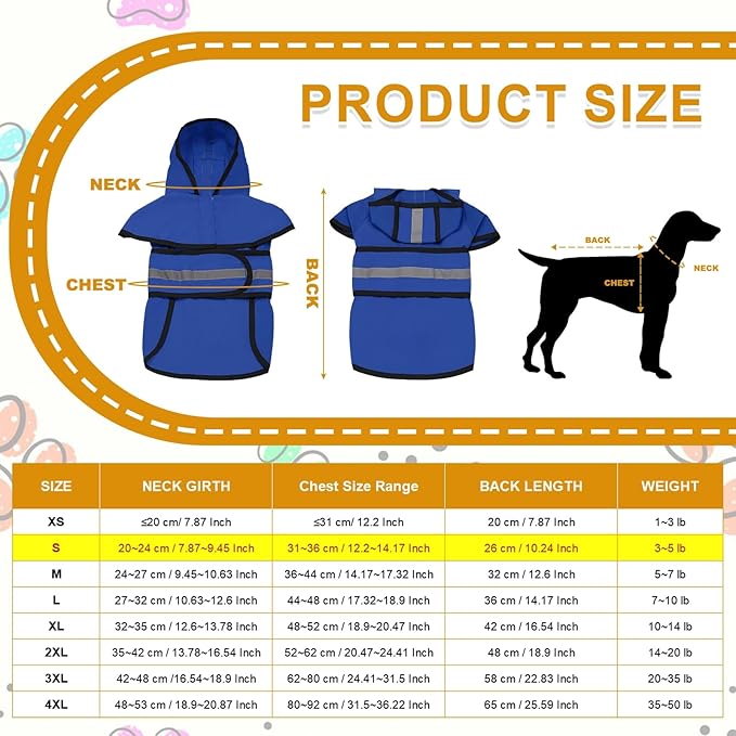 Dog Raincoat, Dog Rain Jacket Waterproof Jacket Reflective Adjustable Hooded Pet Rain Coat with Leash Hole, (Blue, S), Intended for Large Medium Small Puppies