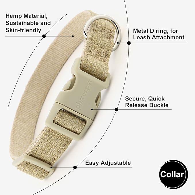 Plutus Pet Cotton Hemp Dog Collar and Leash Set, Adjustable Collar for Small, Medium, and Large Dogs, Heavy Duty and Soft on Skin, Khaki, M