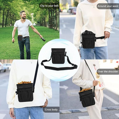 SZO Dog Treat Pouch - 3 Ways to Wear Treat Pouches for Pet Training, Dog Training Treat Pouch Bag and 2 Pieces Clicker Taining for Dogs with Waist Belt Shoulder Strap-Max Black