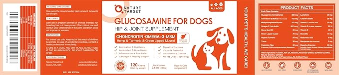 NATURE TARGET Glucosamine Joint Supplement for Dogs, Chondroitin, Omega-3, MSM, Hemp, Turmeric for Pain Relief, Dog Joint Supplement with Calcium for Bone Health, 120 Chicken Flavored Crunchy Chews