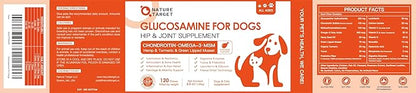NATURE TARGET Glucosamine Joint Supplement for Dogs, Chondroitin, Omega-3, MSM, Hemp, Turmeric for Pain Relief, Dog Joint Supplement with Calcium for Bone Health, 120 Chicken Flavored Crunchy Chews
