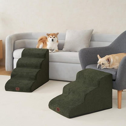 EHEYCIGA Curved Dog Stairs Ramp for Small Dogs 15.7" H, 3-Step Dog Steps for Couch Sofa and Chair, Pet Stairs for Cats, Non-Slip Balanced Pet Steps Indoor, Military Green