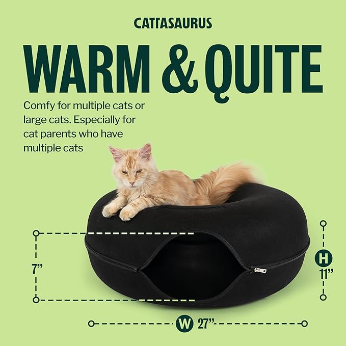 Cattasaurus Peekaboo Cat Cave Donut for Multiple & Large Cats up to 30-45 lbs, 3-in-1 Self Warming Cat Bed, Tunnel & Scratcher for Indoor Cats, Washable & Detachable Small Dog Bed (Black, Jumbo)